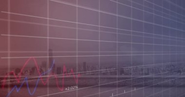 Animation of statistical data processing over grid network against aerial view of cityscape. Business data technology concept