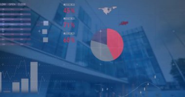 Yüksek binalarda istatistiksel veri işleme animasyonu. Bilgisayar arayüzü ve iş veri teknolojisi kavramı