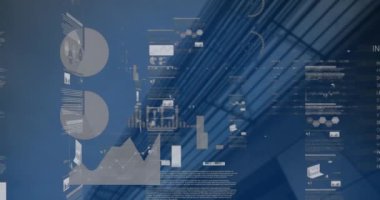 Yüksek binalara karşı şebeke üzerinden istatistiksel veri işleme animasyonu. Bilgisayar arayüzü ve iş veri teknolojisi kavramı