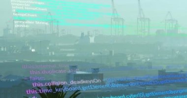 Animation of financial data processing over cityscape. Global business, finances, computing and data processing concept digitally generated video.