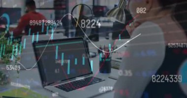 Animation of financial data processing over caucasian businesswoman using laptop. Global business, finances, computing and data processing concept digitally generated video.