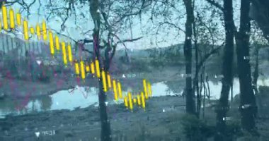 Manzara üzerinde finansal veri işleme animasyonu. Küresel iş, finans ve dijital arayüz kavramı dijital olarak oluşturulmuş video.