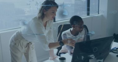 Animation of financial data processing over diverse businesswomen in office. Global business, finances, computing and data processing concept digitally generated video.