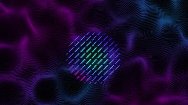 Siyah arkaplanda mor şekiller üzerinde neon kürenin animasyonu. Soyut arkaplan, şablon, renk ve hareket kavramı dijital olarak oluşturulmuş video.