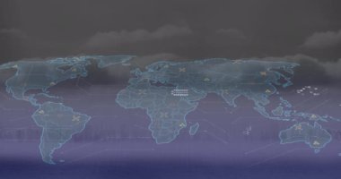 Şehir manzarasının havadan görüntüsüne karşı dünya haritası ve veri işleme animasyonu. Küresel ağ ve iş teknolojisi kavramı