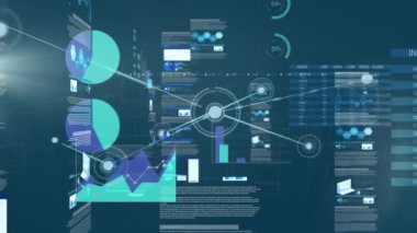 Çoklu grafik ve programlama dilinde bağlı noktaların animasyonu. Dijital olarak üretilmiş, çoklu pozlama, telekomünikasyon, veritabanı, rapor, arayüz, gelecek ve teknoloji.