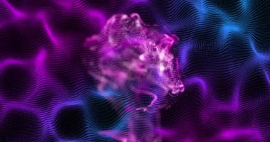 Siyah arkaplandaki mor şekillerin ve çizgilerin animasyonu. Soyut arkaplan, şablon, renk ve hareket kavramı dijital olarak oluşturulmuş video.