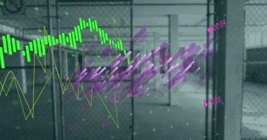 Boş otoparkta finansal veri işleme animasyonu. Küresel iş, finans, hesaplama ve veri işleme kavramı dijital olarak oluşturulmuş video.