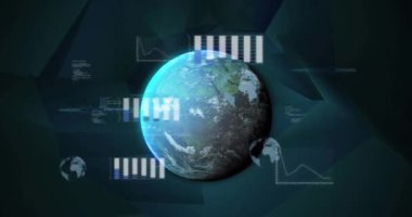 Veri işleme animasyonunun siyah arka planda dünya üzerinde gerçekleşmesi. Dijital olarak oluşturulmuş küresel bağlantılar, bilgisayar ve dijital arayüz kavramı.