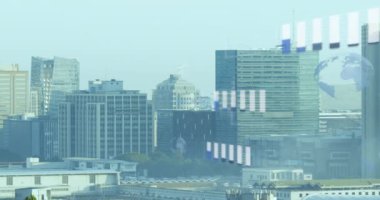 Animation of financial data processing over cityscape. Global business, finances, computing and data processing concept digitally generated video.