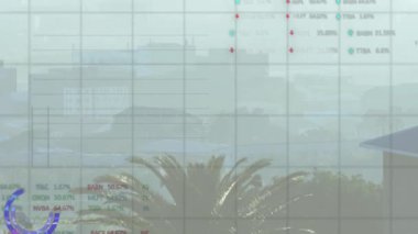 Animation of financial data processing over cityscape. Global business, finances, computing and data processing concept digitally generated video.