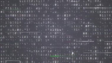 Çizgilerle ve ikili kodlarla bağlantı kuran noktaların animasyonu. Dijital olarak üretilmiş, çoklu pozlama, telekomünikasyon, veritabanı, fütüristik, soyut ve teknoloji kavramı.