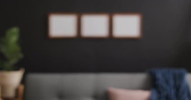 Üç ahşap çerçeve, bitki ve kanepe ve siyah duvarda kopya alanı var. Çerçeve, resim, iç tasarım ve ev dekorasyonu.