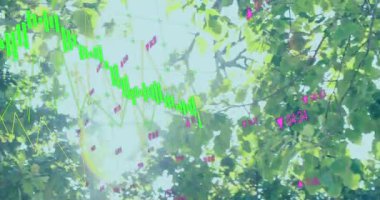 Ağaçların üzerinde işlenen finansal verilerin animasyonu. Küresel iş, finans ve dijital arayüz kavramı dijital olarak oluşturulmuş video.