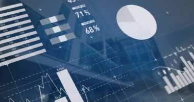 Yüksek binalarla şebeke üzerinden istatistiksel veri işleme animasyonu. Bilgisayar arayüzü ve iş veri teknolojisi kavramı