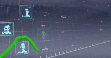 Biyometrik fotoğraflar üzerinden yeşil hat ve finansal veri işleme animasyonu. Küresel iş, finans, hesaplama ve veri işleme kavramı dijital olarak oluşturulmuş video.