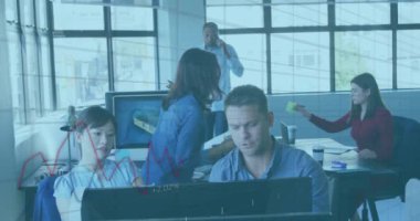 Animation of financial data processing over diverse business people in office. Global business, finances, computing and data processing concept digitally generated video.