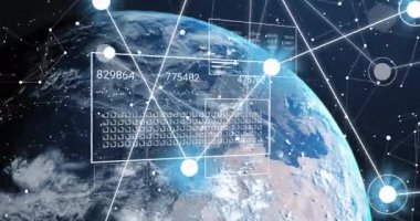 Siyah arkaplanda dünya çapında bağlantı ve veri işleme ağının animasyonu. Dijital olarak oluşturulmuş küresel bağlantılar, bilgisayar ve dijital arayüz kavramı.