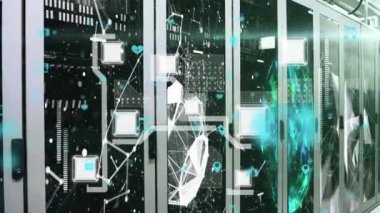 Bilgisayar sunucuları üzerinden ağ ve veri işleme animasyonları. Dijital olarak oluşturulmuş küresel bilgisayar ve veri işleme kavramı.