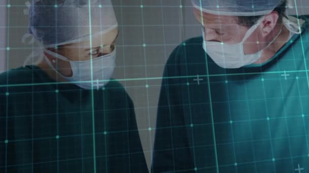 在手术室里通过不同的外科医生对线条进行动画 全球医学 医疗保健和数字界面概念数字生成视频 — 图库视频影像