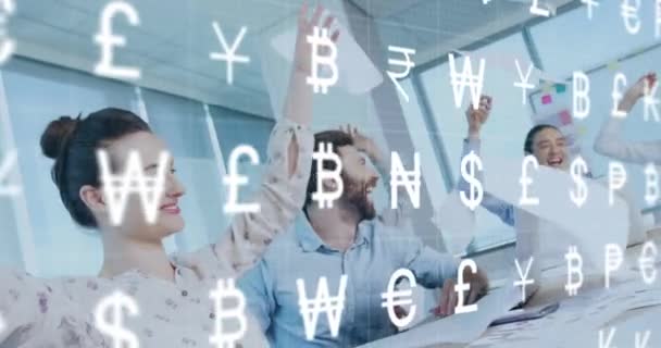 Animation Currency Symbols Processing Diverse Business People Office Global Business — Stock Video