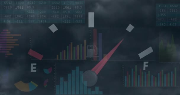 Анімація Спідометра Статистична Обробка Даних Проти Темних Хмар Небі Концепція — стокове відео