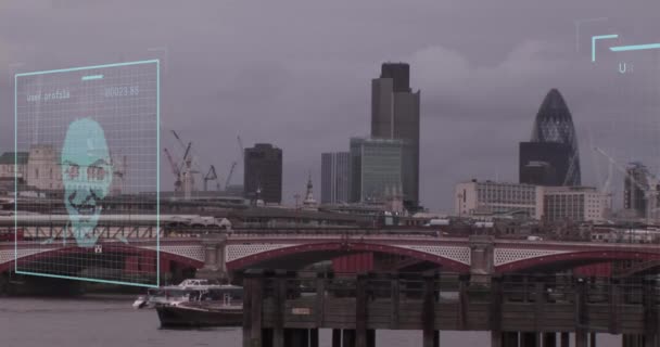 Animering Biometriska Foto Och Databehandling Över London Stadsbild Globala Affärs — Stockvideo