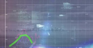 İstatistiksel veri işleme animasyonu ve şehir manzarasının havadan görüntüsüne karşı mavi ışık noktası. İş veri teknolojisi kavramı