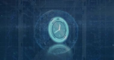 Bilgisayar sunucu odasına karşı dönen dünya üzerinde veri işleme ve neon saat animasyonu. Küresel ağ ve iş veri depolama teknolojisi kavramı