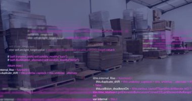 Bir depodaki envanter ile veri işleme animasyonu. Bilgisayar arayüzü ve lojistik iş teknolojisi kavramı