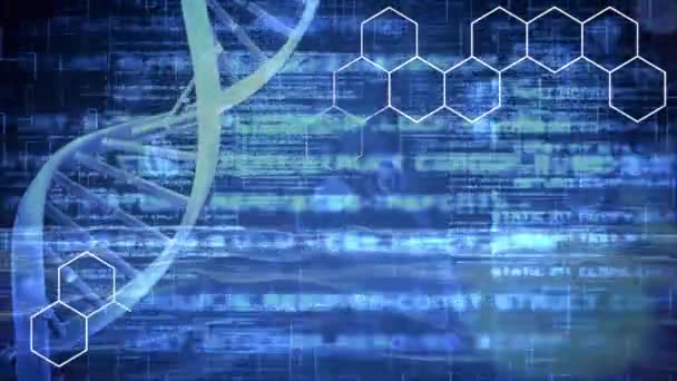 在蓝光背景上的数据处理和数字波上对Dna和化学结构的动画 医学研究和科学技术概念 — 图库视频影像