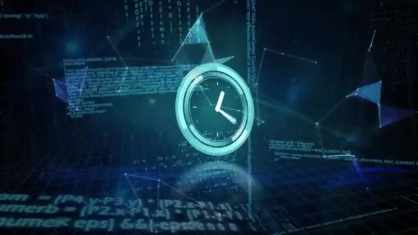 Анімація Годинника Обробки Даних Проти Глобусу Сплескних Мереж Синьому Фоні — стокове відео