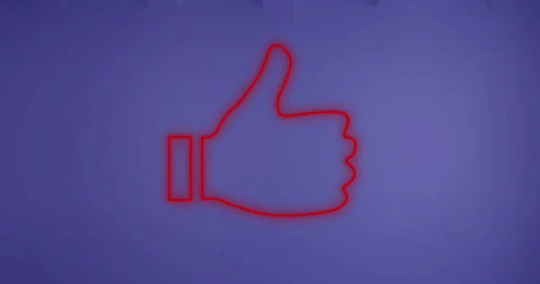 Composition of red neon thumbs up like icon over purple background. Social media, data processing and digital interface concept digitally generated image.