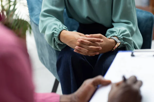 Midsection Biracial Female Patient Attending Therapy African American Male Therapist — Stock Photo, Image