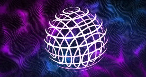 Image of white globe over purple shapes on black background. Abstract background, pattern, colour and movement concept digitally generated image.