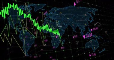 Animation of data processing over world map against black background. Computer interface and business technology concept