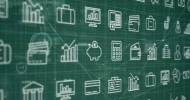 Şebeke üzerinde veri işleme ve iş simgelerinin canlandırılması. Küresel iş, finans, dijital arayüz, hesaplama ve veri işleme kavramı dijital olarak oluşturuldu.