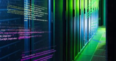 Animation of data processing against computer server room. Computer interface and business data storage technology concept