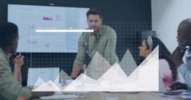 Animation of financial data processing over diverse business people in office. Global business, finances, computing and data processing concept digitally generated video.