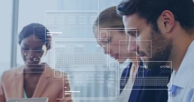 Animation of data processing over diverse business people in office. Global business, finances, computing and data processing concept digitally generated video.
