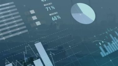 Animation of statistical data processing over grid network against aerial view of cityscape. Business data technology concept
