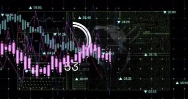 Animation of interface with data processing over spinning globe against black background. Computer interface and business technology concept