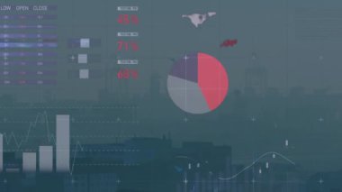 Animation of statistical data processing over grid network against aerial view of cityscape. Business data technology concept