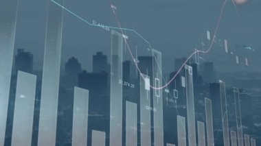 Şehir manzarasının havadan görüntüsüne karşı istatistiksel veri işleme animasyonu. Bilgisayar arayüzü ve iş veri teknolojisi kavramı