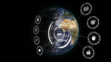 Dünya üzerindeki bağlantılar ve simgelerle veri işleme animasyonları. Dijital olarak oluşturulan küresel ağlar, hesaplama ve veri işleme kavramı.