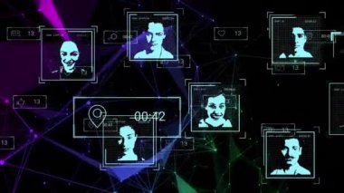 Siyah arkaplana karşı birden fazla profil simgelerinin ve pleksus ağlarının animasyonu. Küresel ağ ve iş teknolojisi kavramı