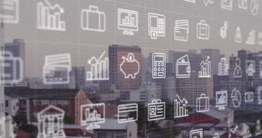 Şehirdeki finansal simgelerin ve veri işlemlerinin animasyonu. Küresel iş, finans, hesaplama ve veri işleme kavramı dijital olarak oluşturulmuş video.