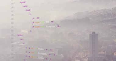 Animation of data processing against aerial view of cityscape. Computer interface and business technology concept