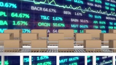 Borsa veri işlemesine karşı taşıma bandındaki teslimat kutularının animasyonu. Küresel ekonomi ve lojistik iş teknolojisi kavramı