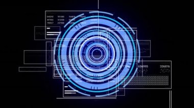 Siyah zemin üzerinde neon yuvarlak tarayıcı ile veri işleme arayüzlerinin canlandırılması. Bilgisayar arayüzü ve iş teknolojisi kavramı